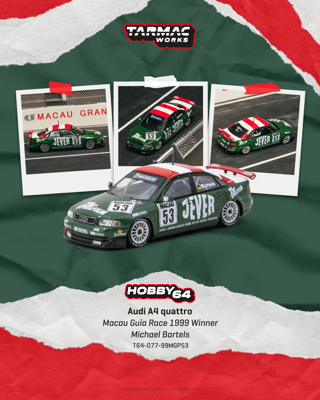 [Pre Order] Tarmac Works - Audi A4 quattro - Macau Guia Race 1999 Winner Michael Bartels