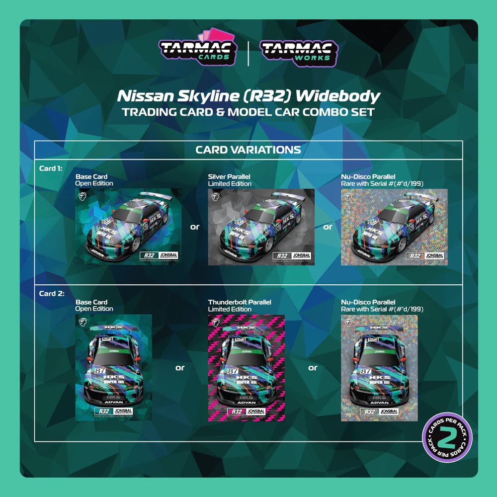 [Pre Order] Tarmac Works - Nissan Skyline (R32) Widebody HKS with Tarmac Cards Combo Set - Designed by Jon Sibal - Global 64