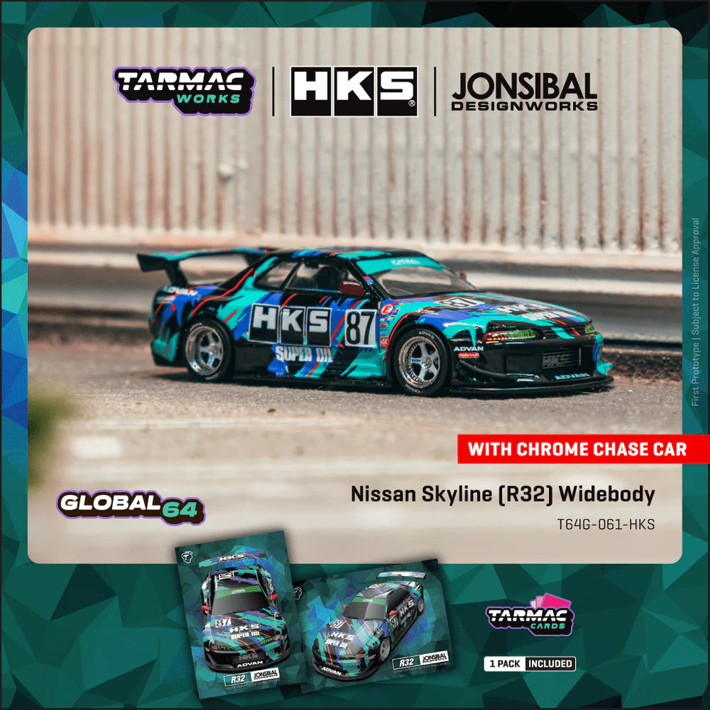 [Pre Order] Tarmac Works - Nissan Skyline (R32) Widebody HKS with Tarmac Cards Combo Set - Designed by Jon Sibal - Global 64