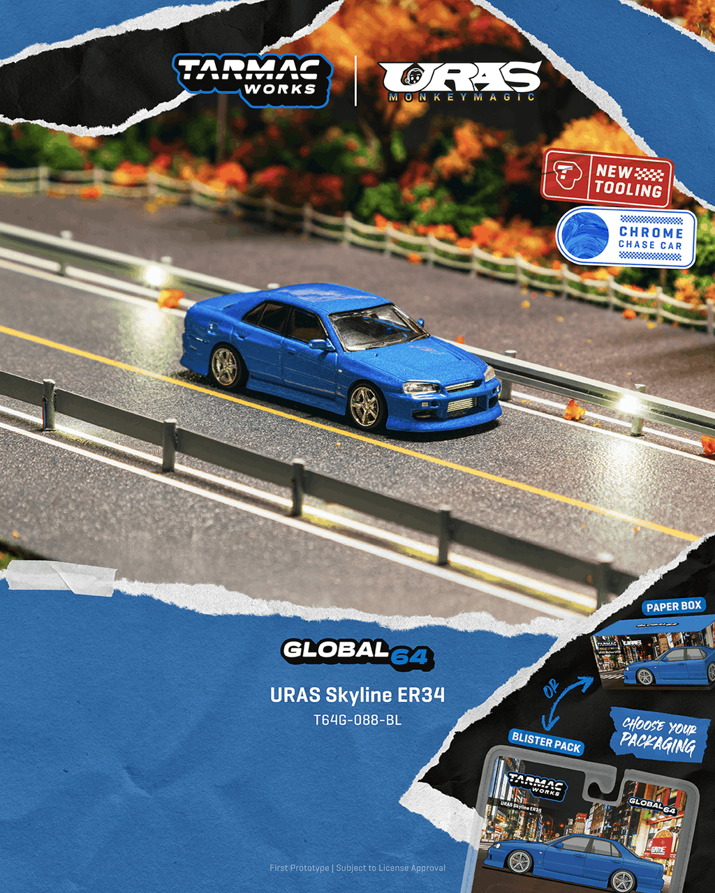 [Pre Order, Box] Tarmac Works - URAS Skyline ER34 - Blue