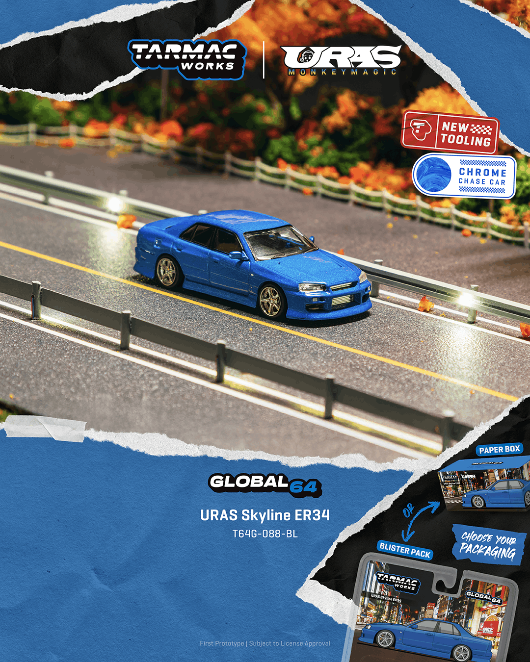 [Pre Order, Box] Tarmac Works - URAS Skyline ER34 - Blue